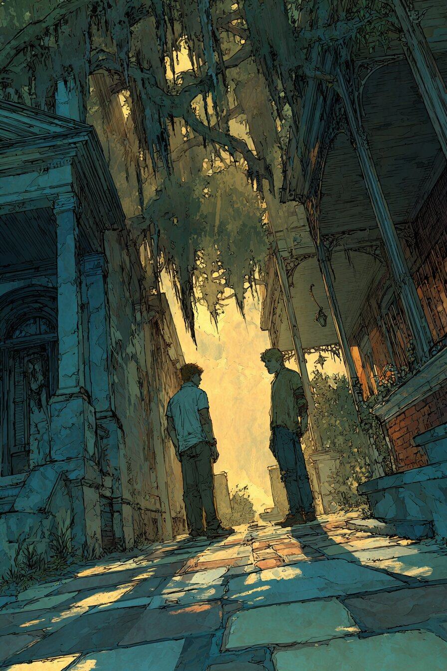 Two young men stand facing each other in a narrow street, morning sun and long shadows falling between old houses hung with moss.