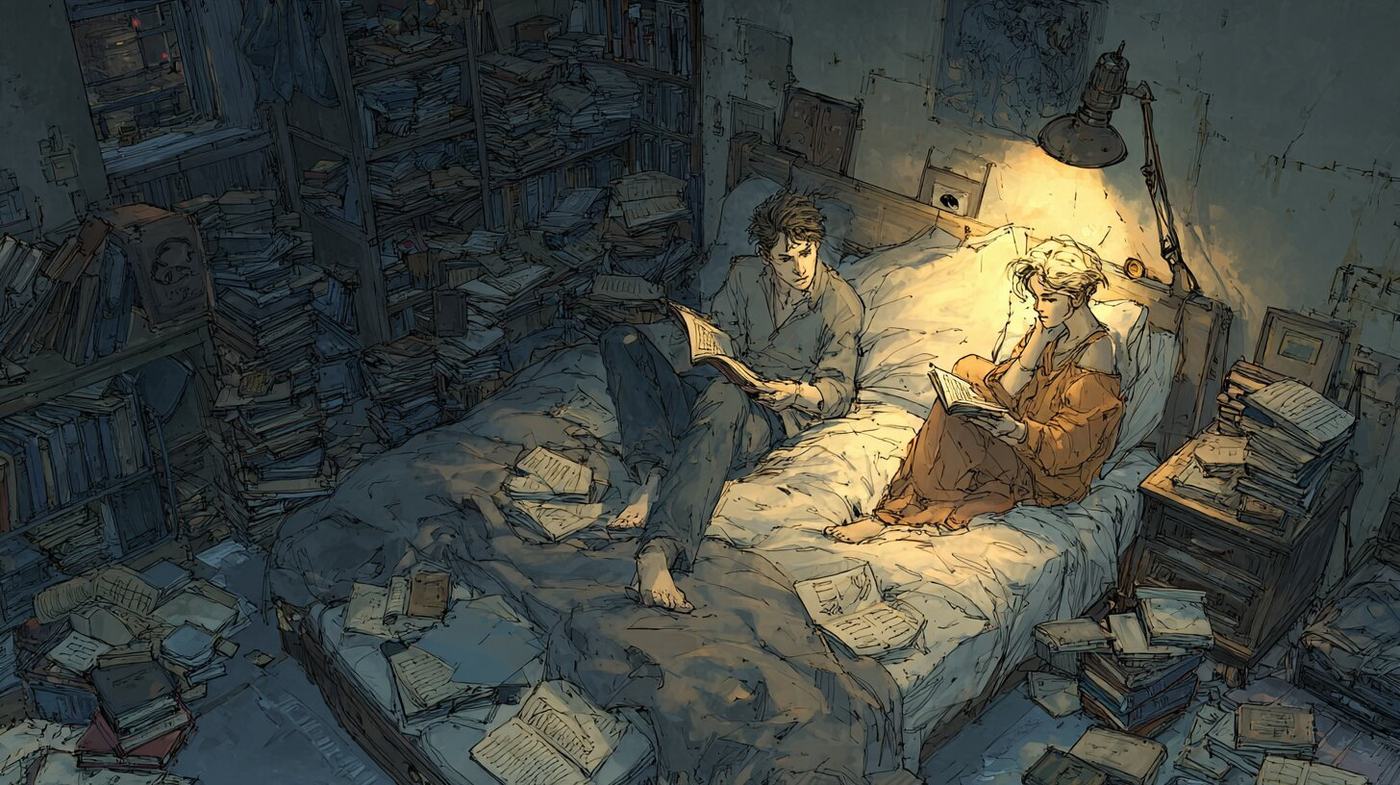 Two people lie in a lamp lit bed at night, one reading aloud, in a room piled with books and papers.
