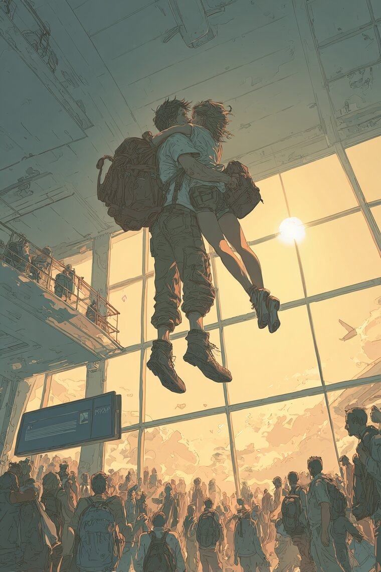 A couple embrace, lifted off the floor, in a bright airport hall as a crowd looks on.