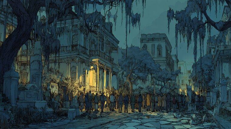 A crowd of people walks down a dark street past a lit mansion, under oaks draped with moss.