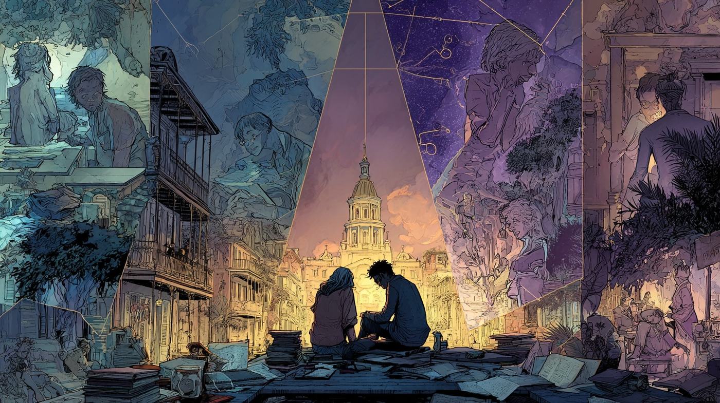 A couple sits close together among piles of books in a beam of warm light, a domed building glowing beyond them, while panels on every side show the same pair in other moments.