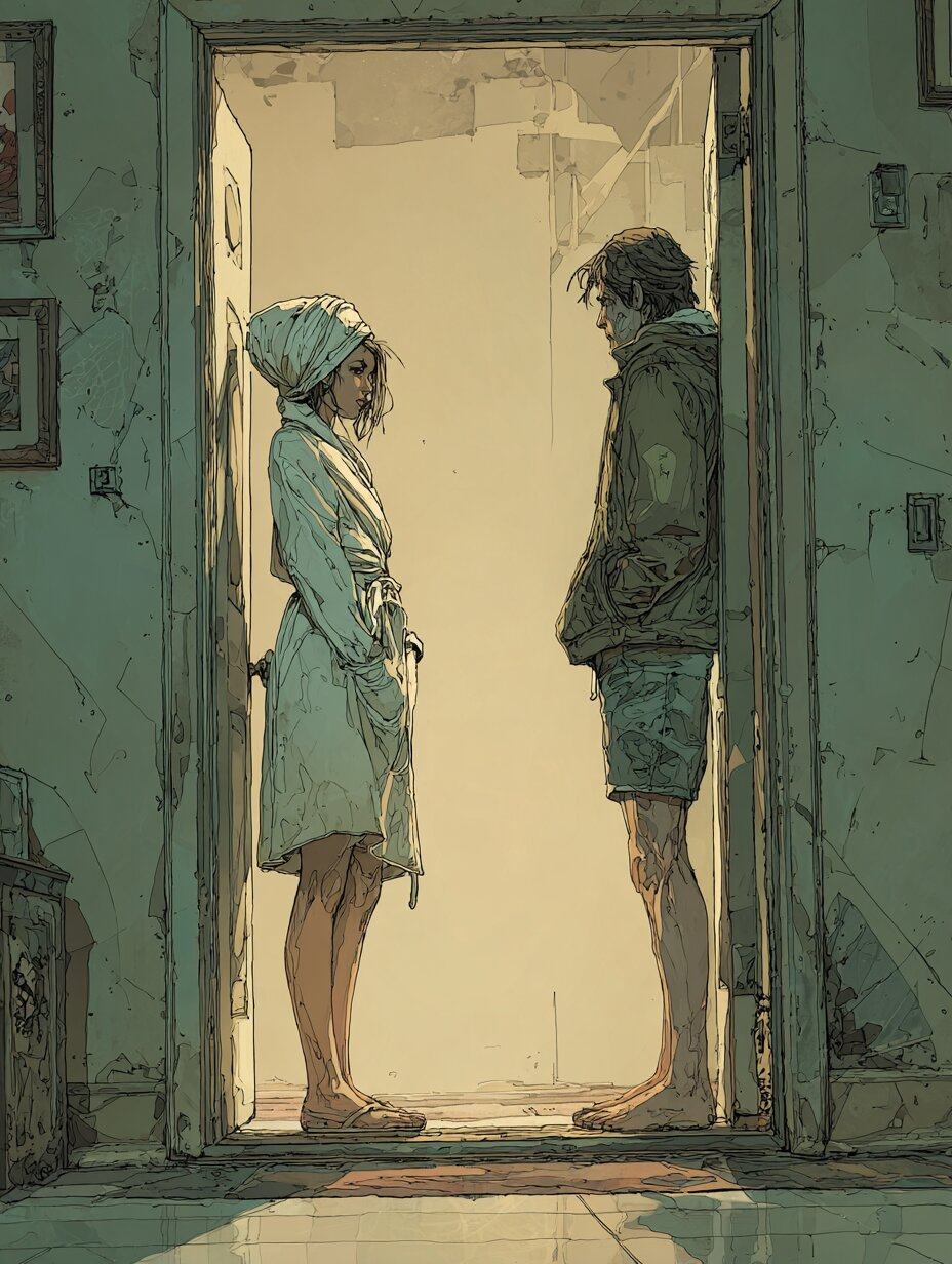 A young woman in a bathrobe with a towel around her hair stands in a doorway facing a young man on the step.