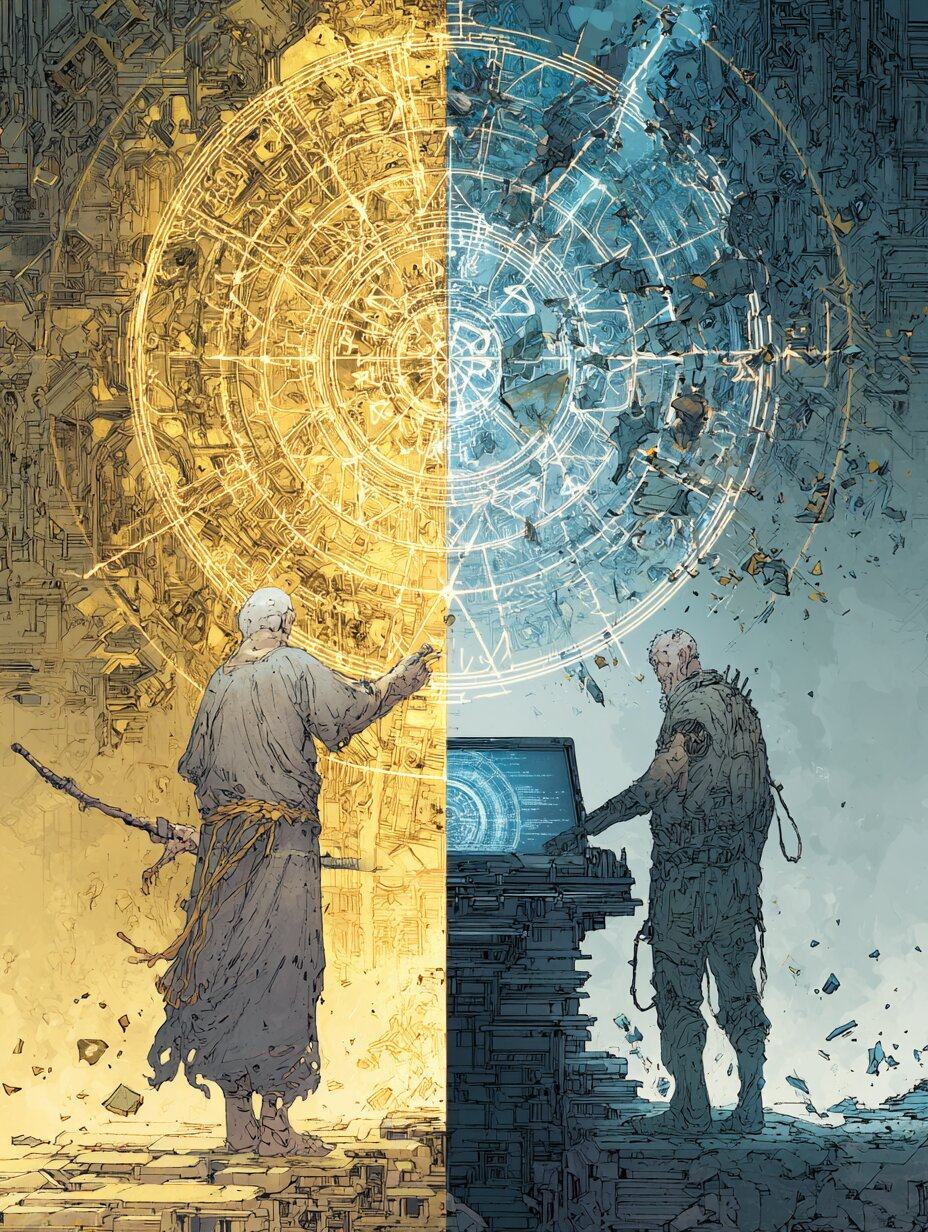 A split picture: on the left an old robed man reaches toward a golden wheel of symbols, on the right a man at a computer stands under a blue web of light.