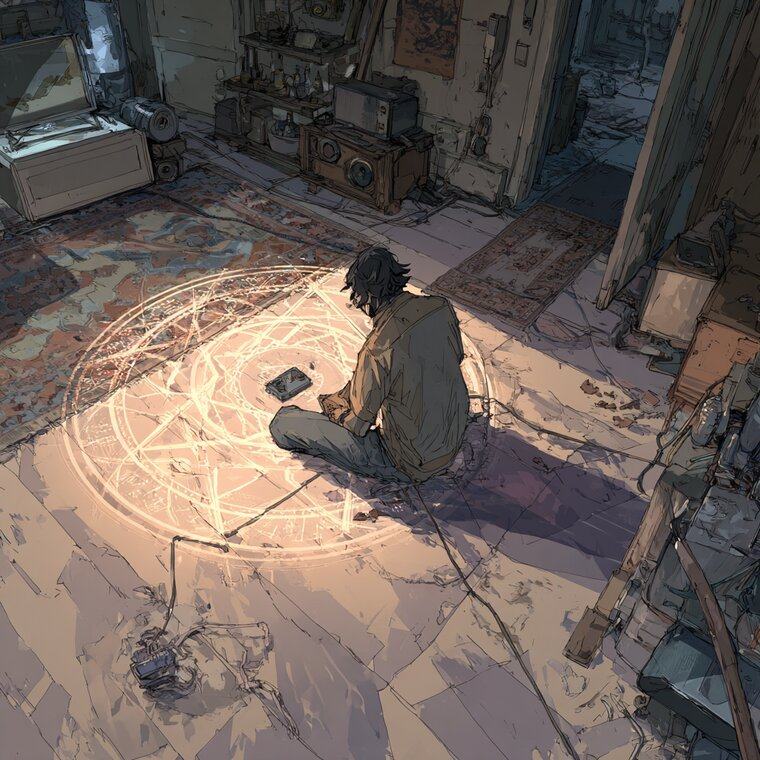 A young man sits cross legged on the floor of a cluttered room, inside a circle of glowing lines drawn around him.