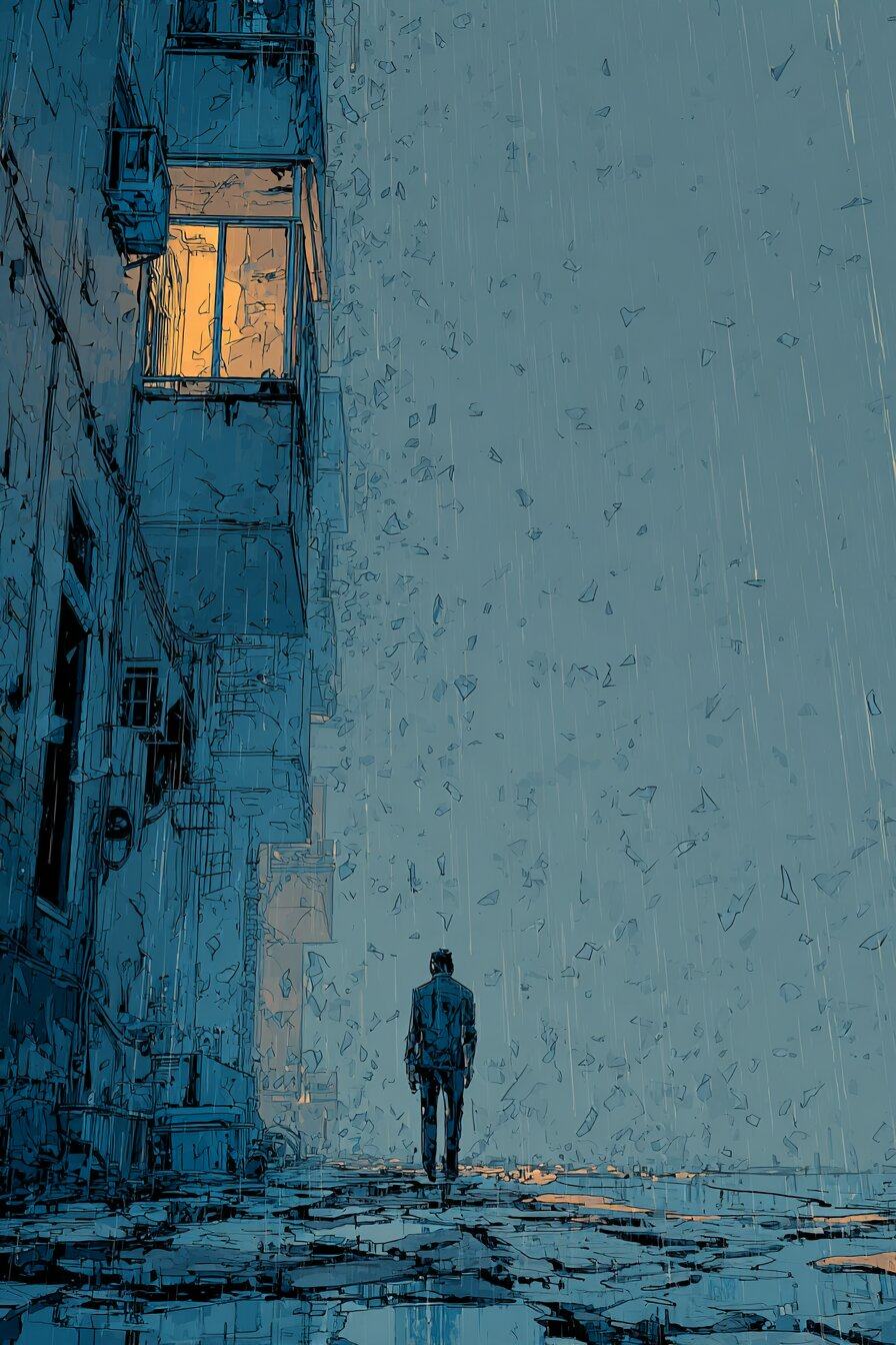 A lone man walks away down a wet street in the rain, past a tall building with a single lit window.