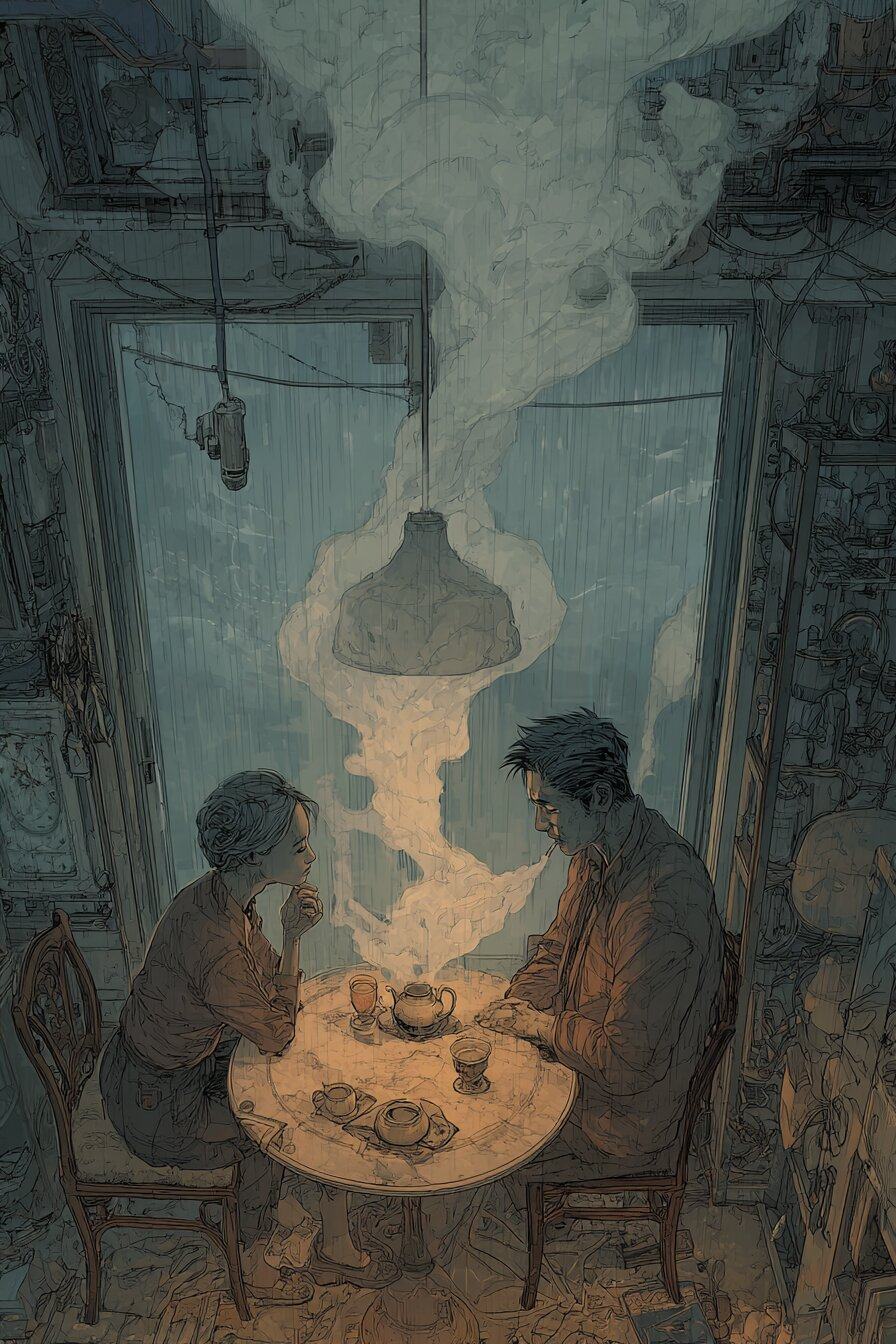 Two people sit at a small round table under a hanging lamp, steam rising from their cups while rain streaks the tall window behind them.