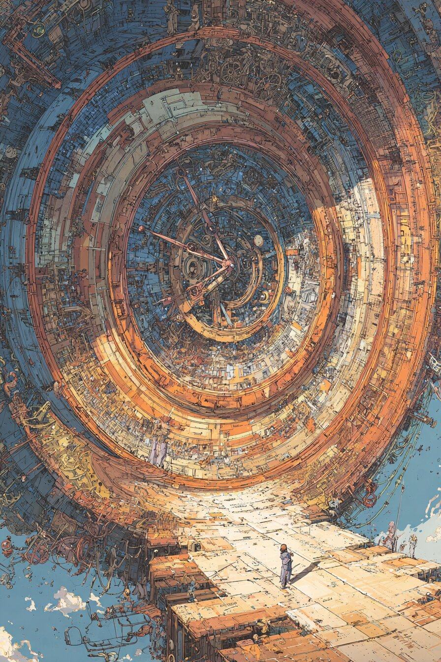 A tiny figure walks a stone path into a vast tunnel of turning rings, like the inside of a clock.
