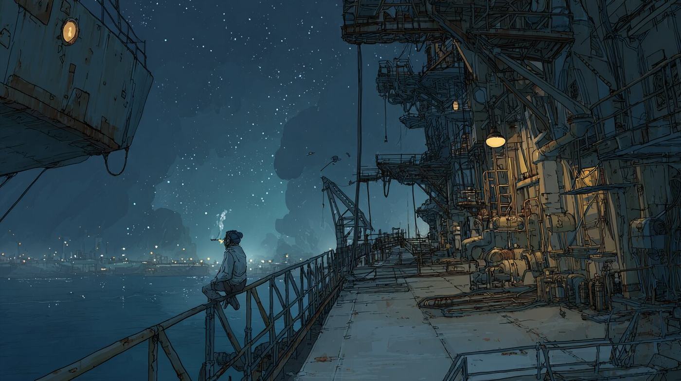 A lone figure sits on the rail of a ship's deck at night, looking across dark water toward distant lights under the stars.