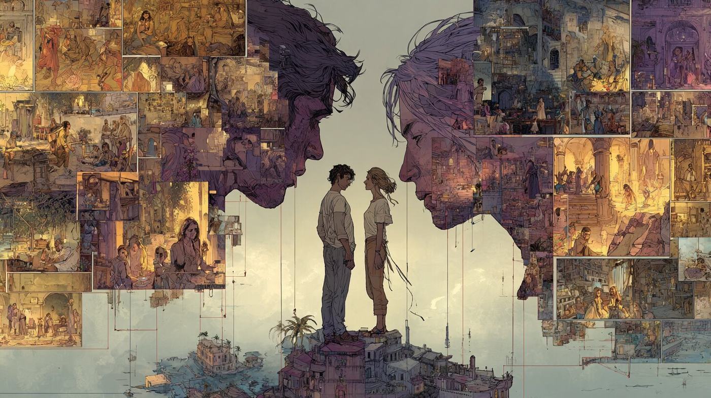 A young man and woman stand face to face on a small island town, between two giant profiles of their heads built from dozens of small framed scenes of people.