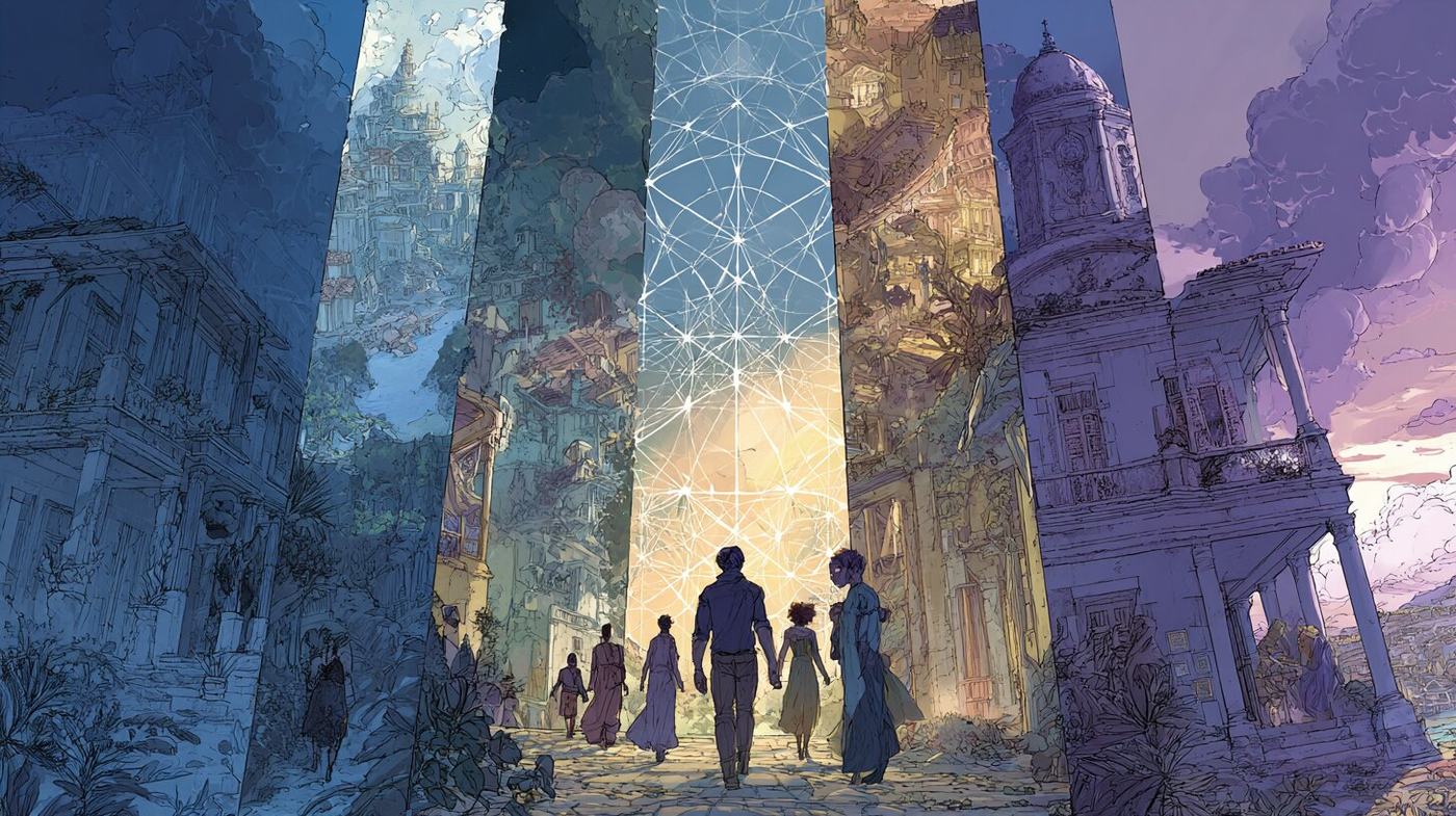 A group of people walk hand in hand down a street toward a tower of light, between tall panels showing old mansions and domes.