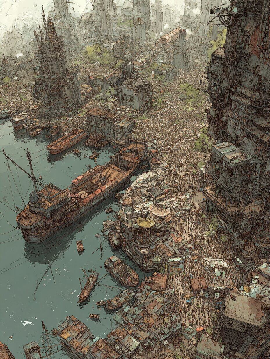 Seen from above, a rusty freighter lies in a crowded harbour beside a dense city of shacks and broken towers.