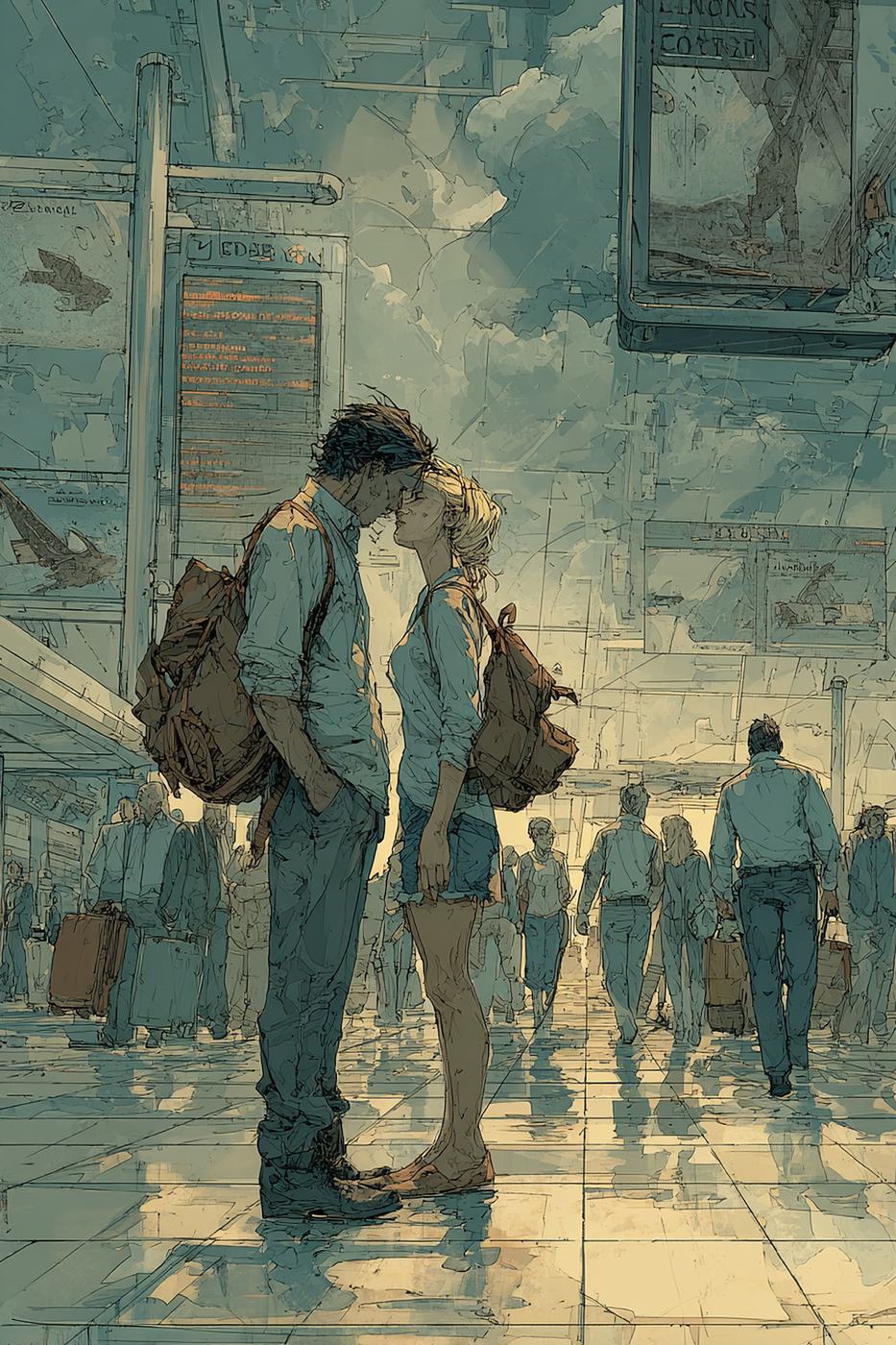 A young couple with backpacks stand forehead to forehead in a busy airport hall while travellers walk past them.