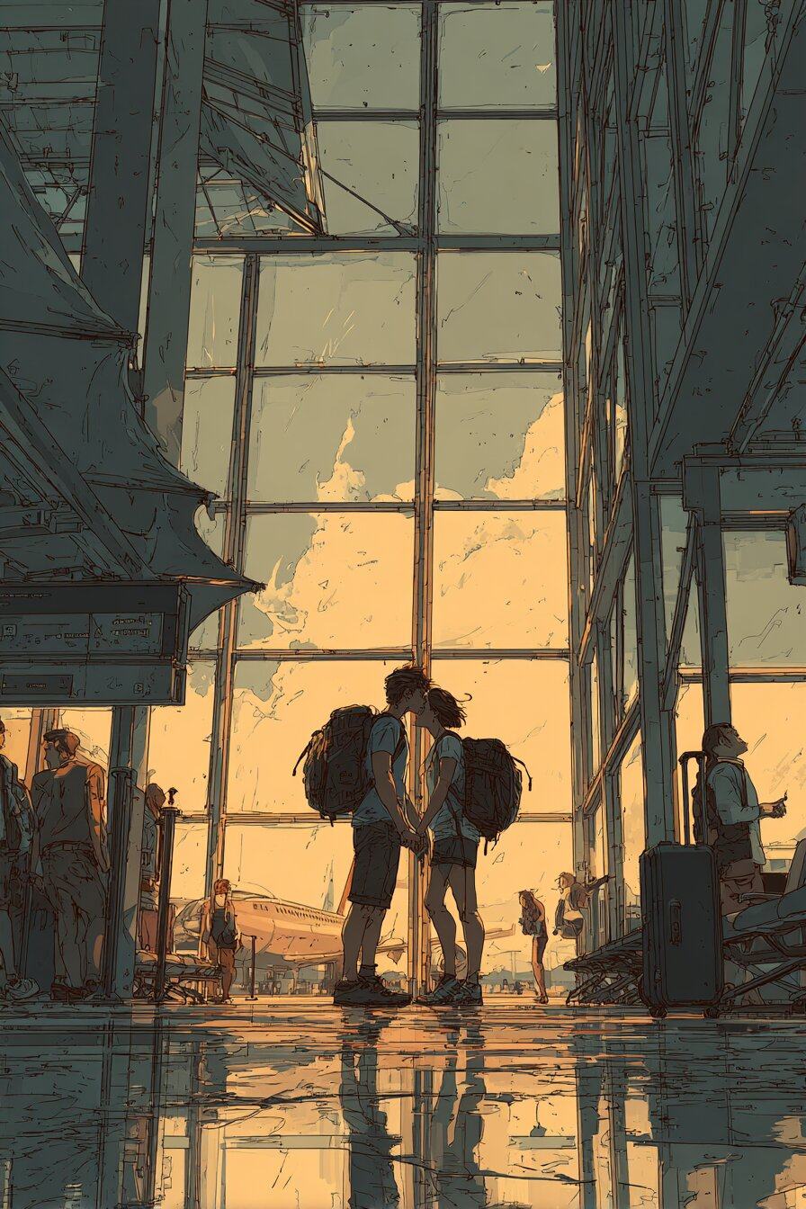 A couple with backpacks embrace in an airport hall, golden light pouring through the high windows behind them.