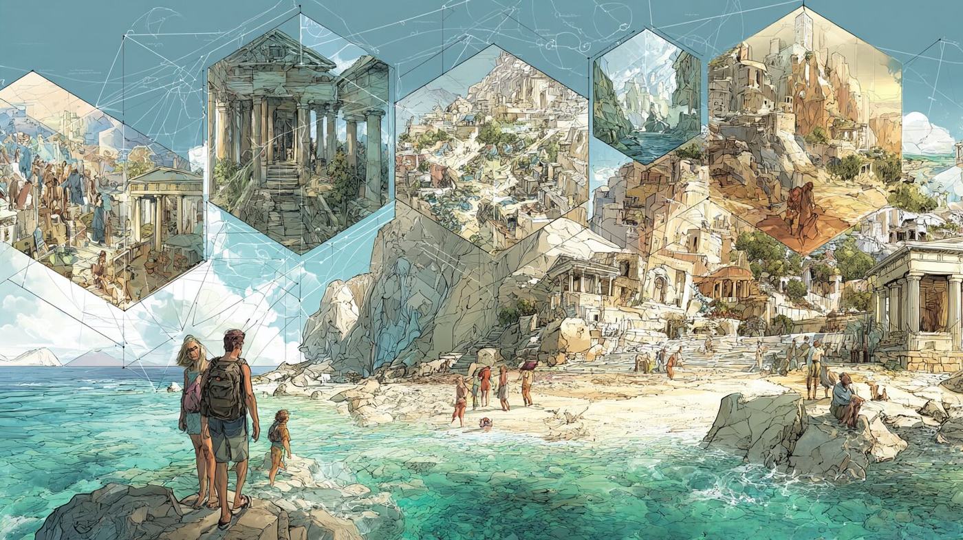 A couple with backpacks and a child stand on a rock above a turquoise cove with bathers on the sand, six sided windows in the sky showing temples and hill towns.
