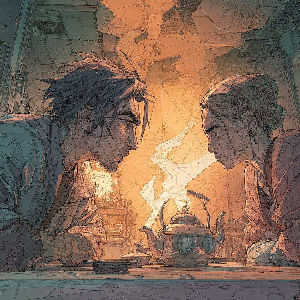 A young man and a woman lean toward each other across a table, a steaming teapot glowing between them.