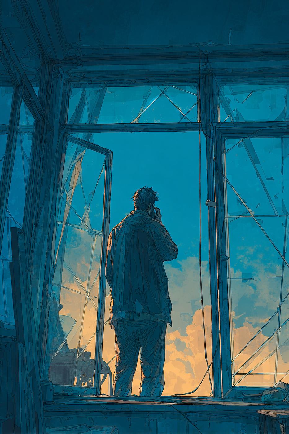 Seen from behind, a man stands at a tall window holding a telephone to his ear, against a deep blue sky with orange cloud.