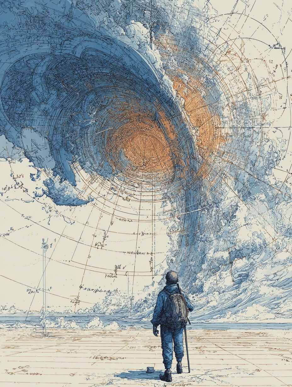 A small figure with a walking stick stands before an enormous spiral of cloud and water drawn over a grid of fine lines.