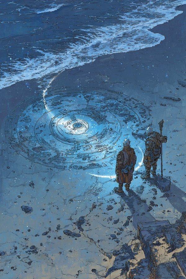 Two figures stand on a dark shore beside a spiral turning in the surf.