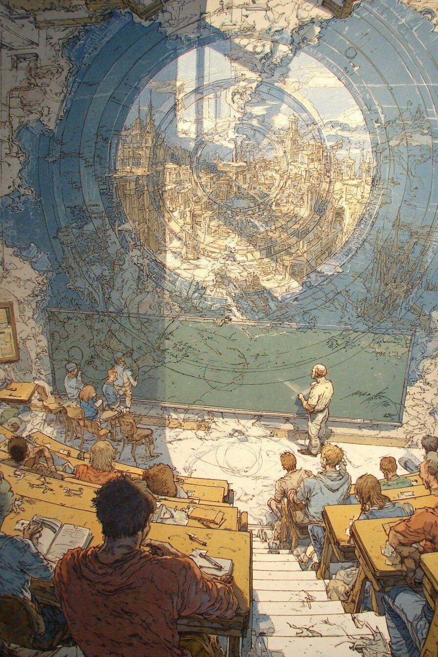 A lecturer stands below a huge circular diagram of the Earth on the wall of a tiered classroom full of students.