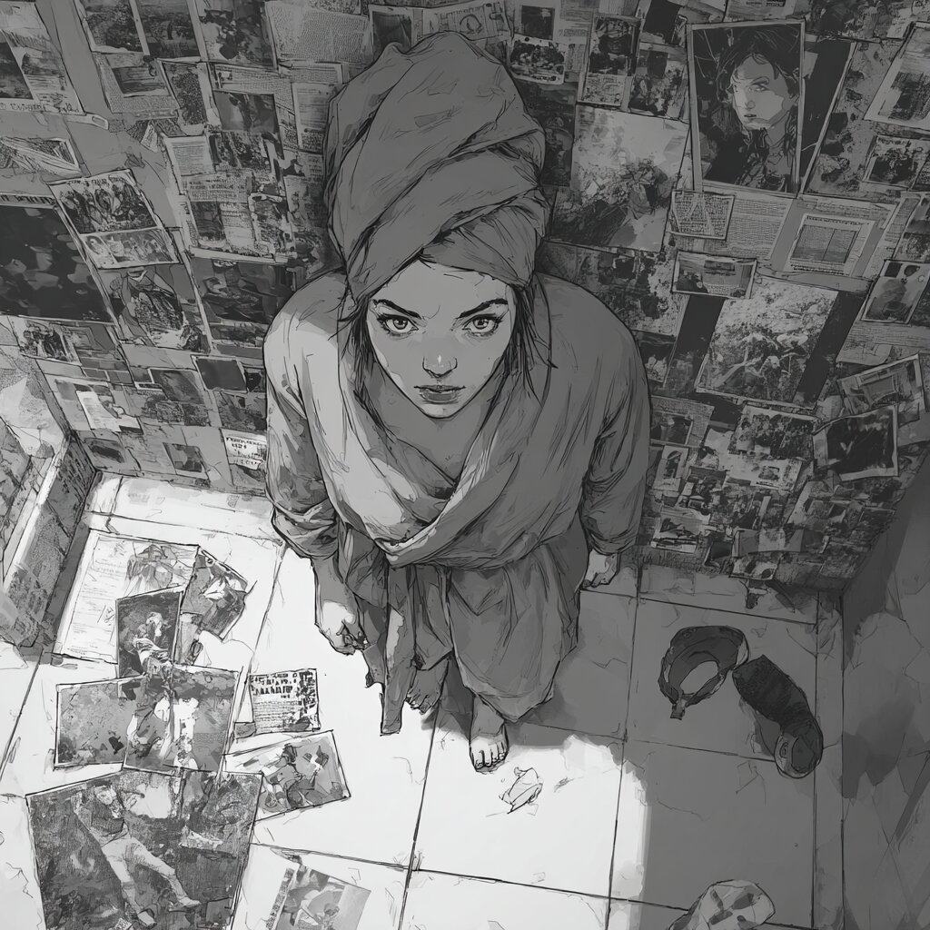 A young woman in a bathrobe, a towel wrapped around her hair, looks up from a doorway, seen from above in black and white.