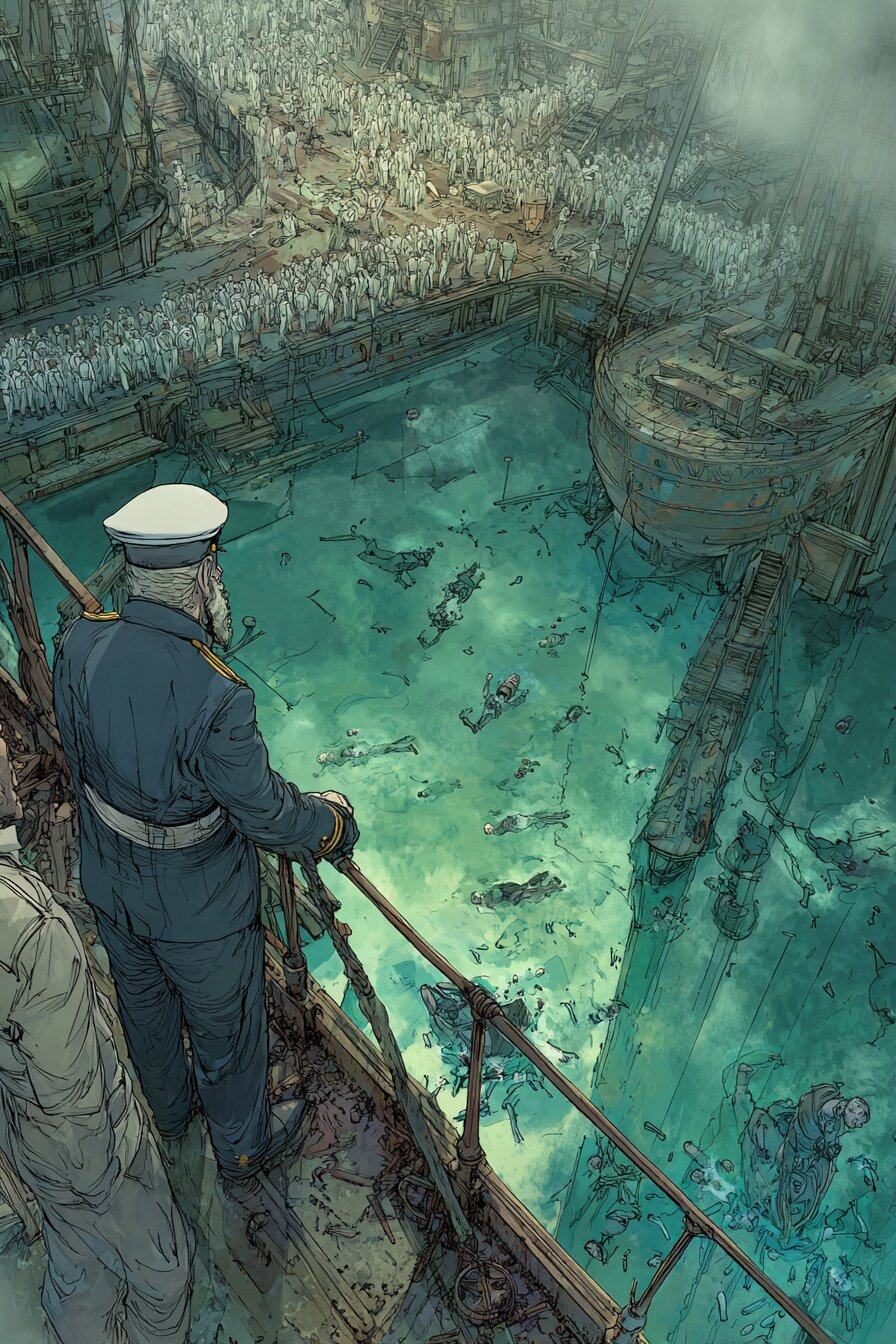 A ship's officer in a white cap leans on the rail, looking down into green harbour water where a figure floats, a crowd packed along the far quay.