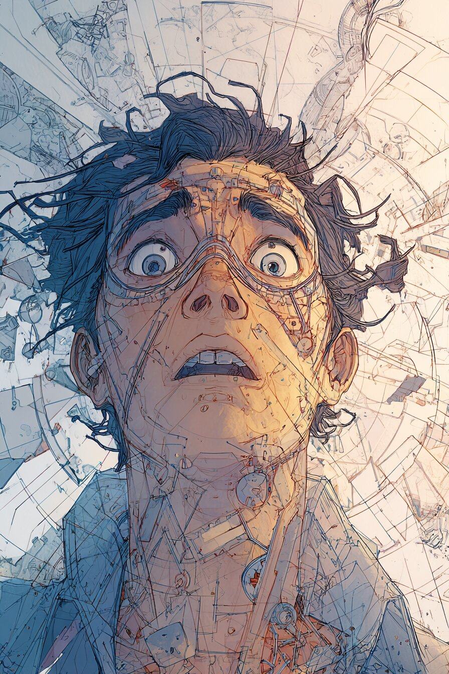A close view of a young man's face, eyes wide with fear, as cracks and fine lines spread across his skin.