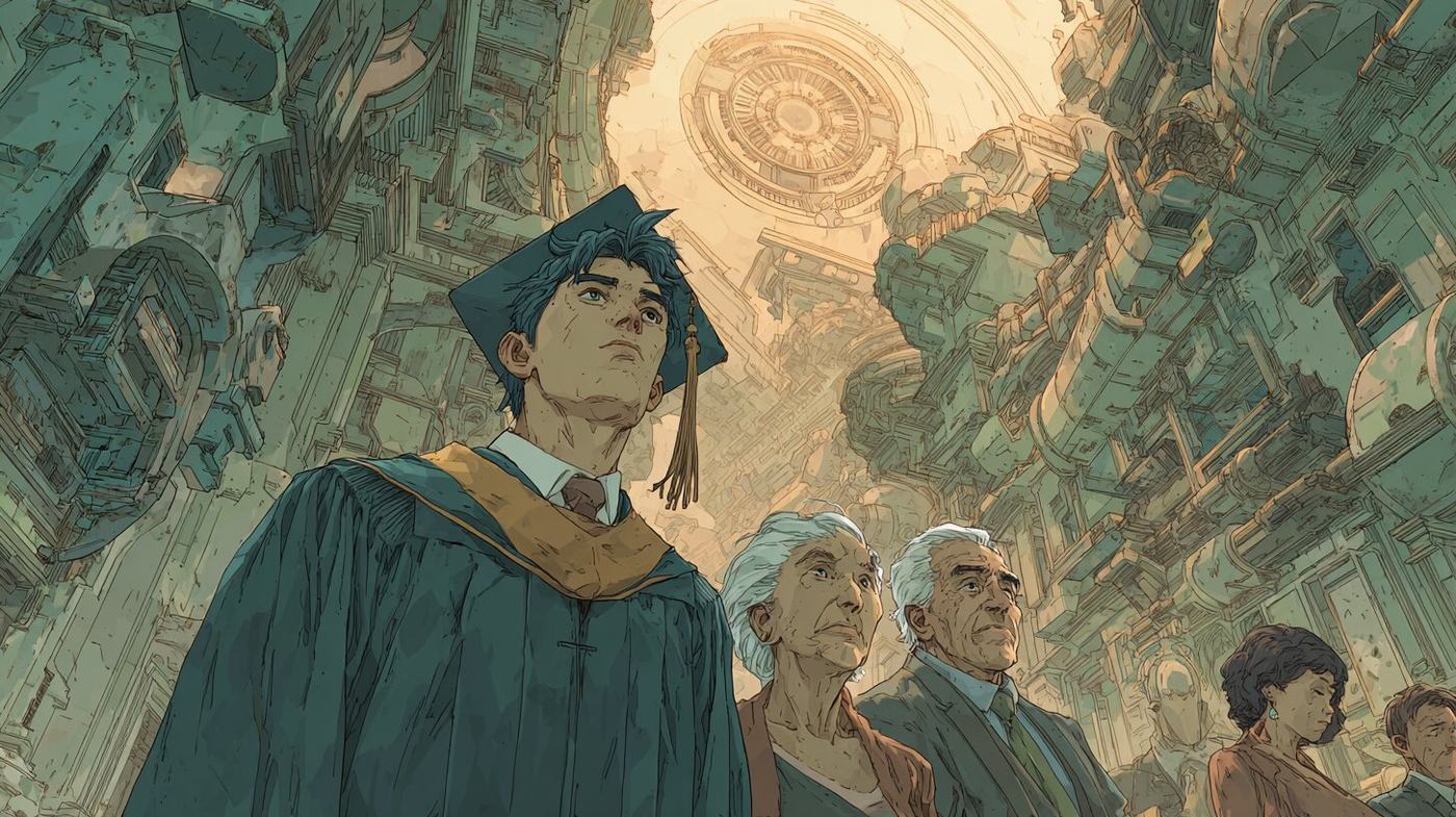 A young man in a green cap and gown stands in front of his parents under a vast painted ceiling.