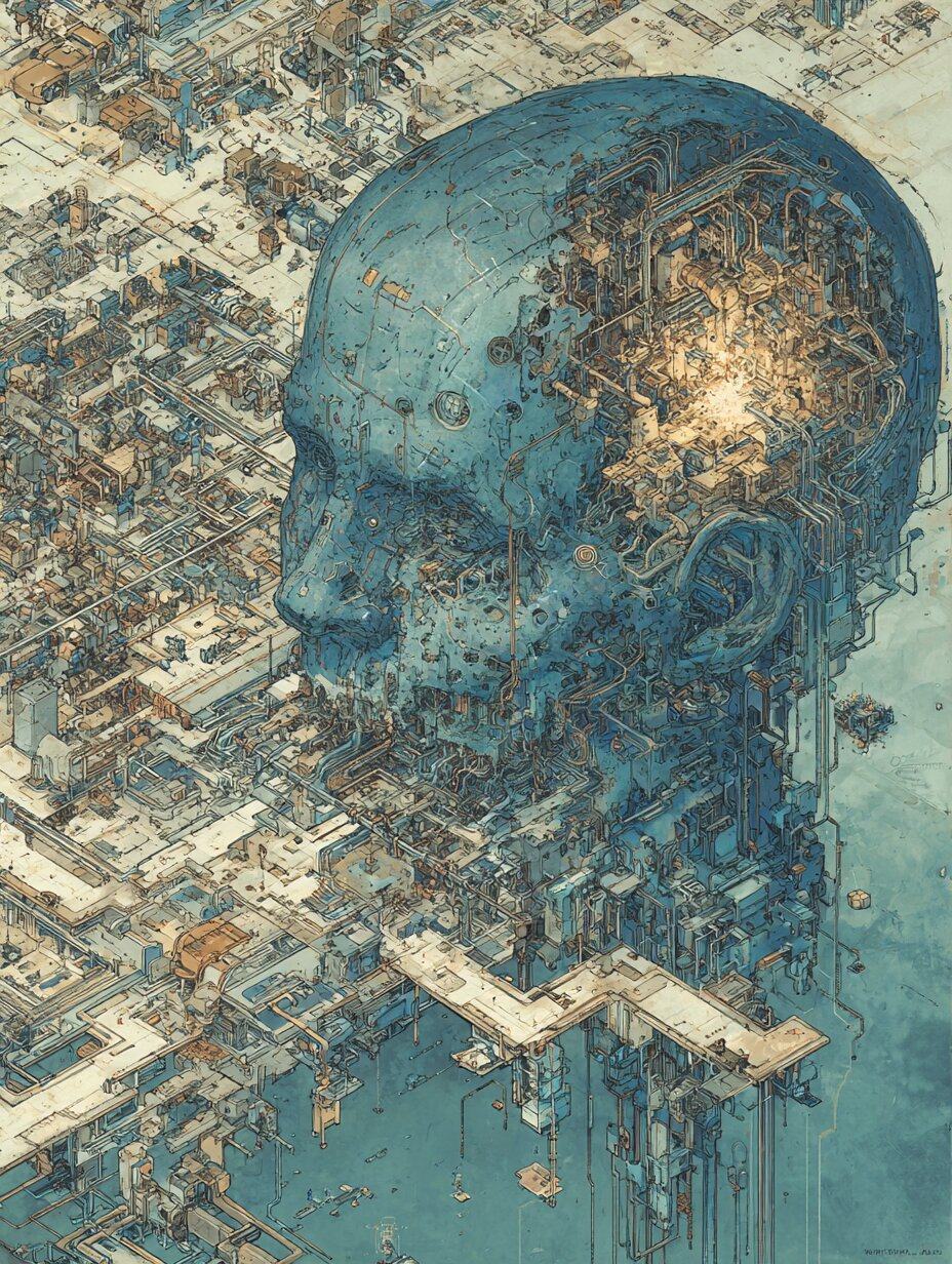 A giant blue head breaks apart into a city of circuits and tiny buildings, light glowing where the brain would be.