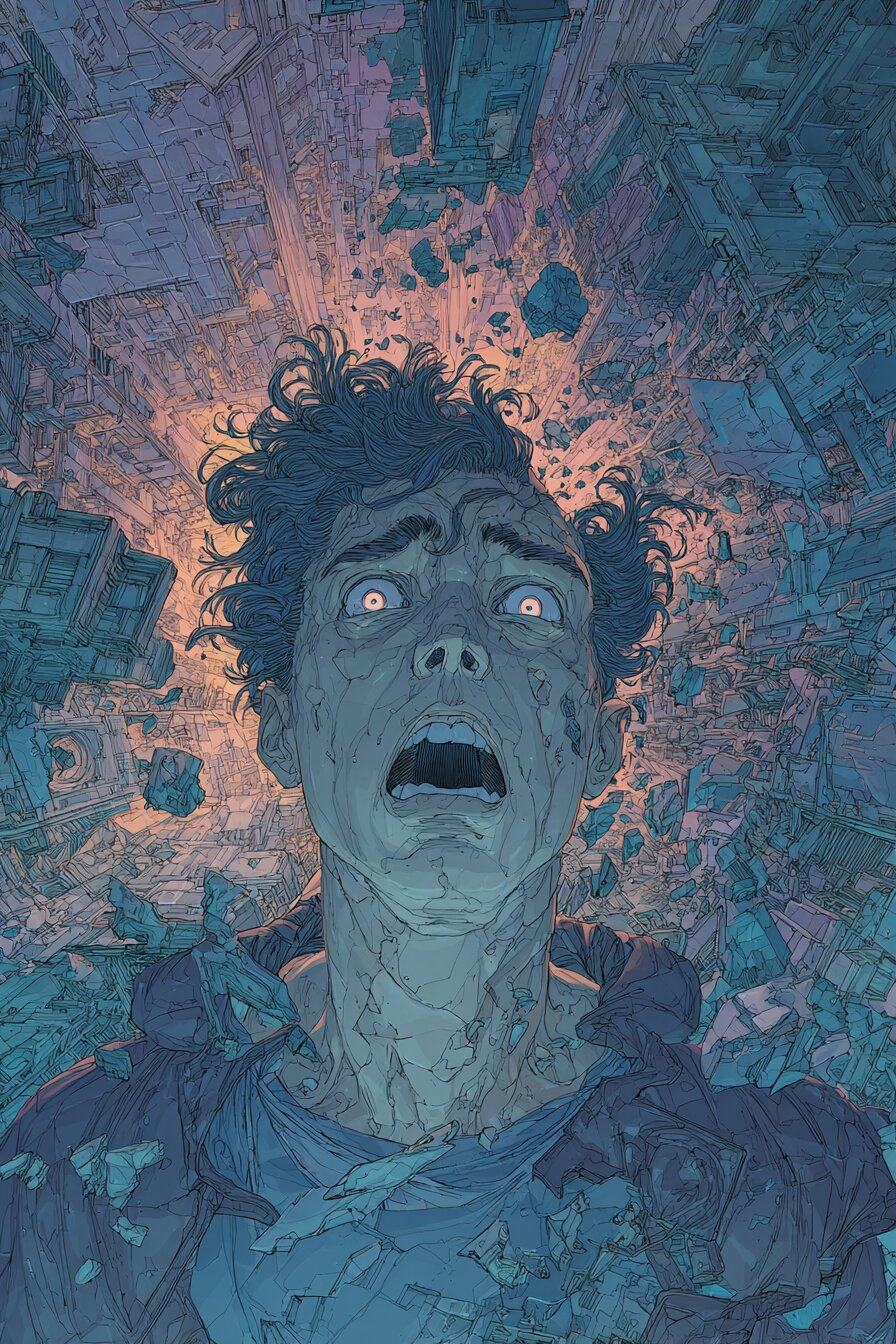 A young man with dark curls stares upward with his mouth open in a scream, his face lit blue, as city blocks break apart and fly outward behind him.