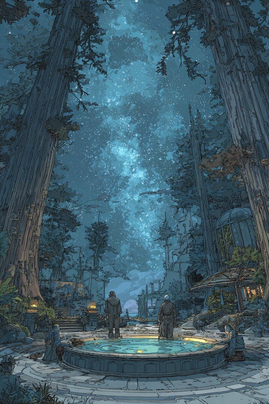 Two figures sit in a round lit pool at night among giant redwoods, the sky above thick with stars.