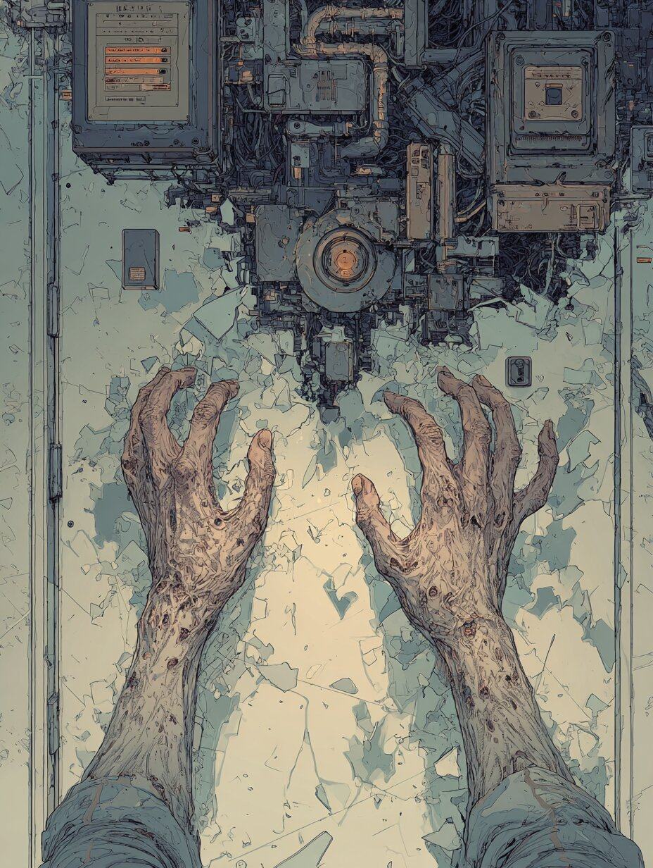 Seen through his own eyes, two mottled hands reach toward a door whose upper half has turned into machinery.
