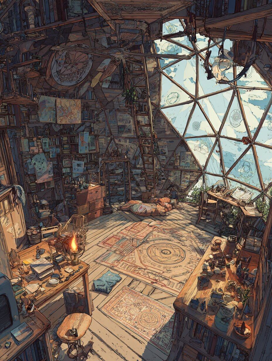 Inside a geodesic dome home, shelves of books and hanging charts crowd the walls around patterned rugs and a lit candle, sky showing through the triangular panes.