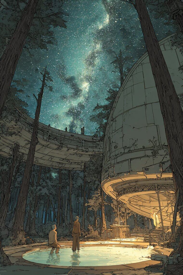 Two figures stand in a lit round pool at night under tall redwoods, a pale dome and the starry sky behind them.
