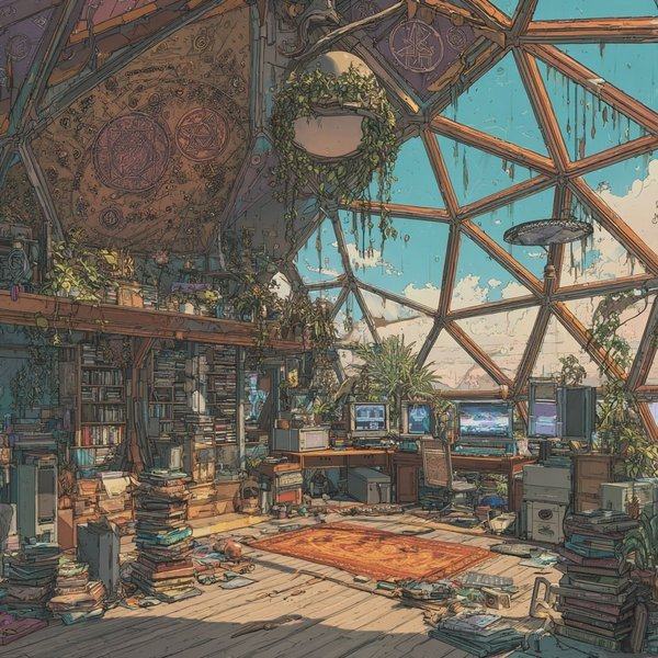 A geodesic dome lived in like a workshop, with plants, carpets, computers and blue sky through the panes.