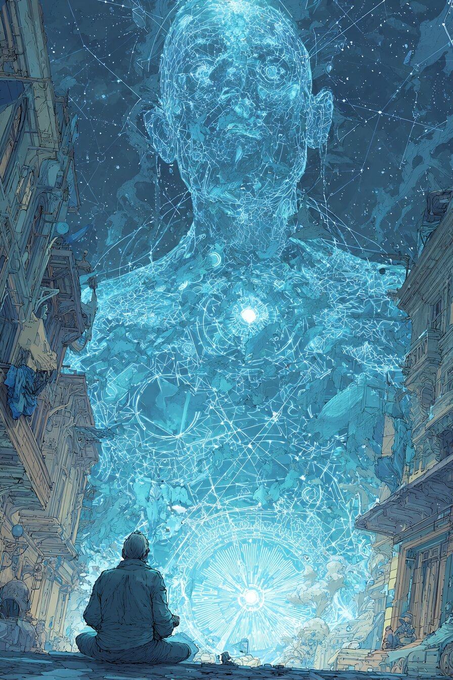 A small seated figure looks up at a towering being made of blue light and fine geometric lines.