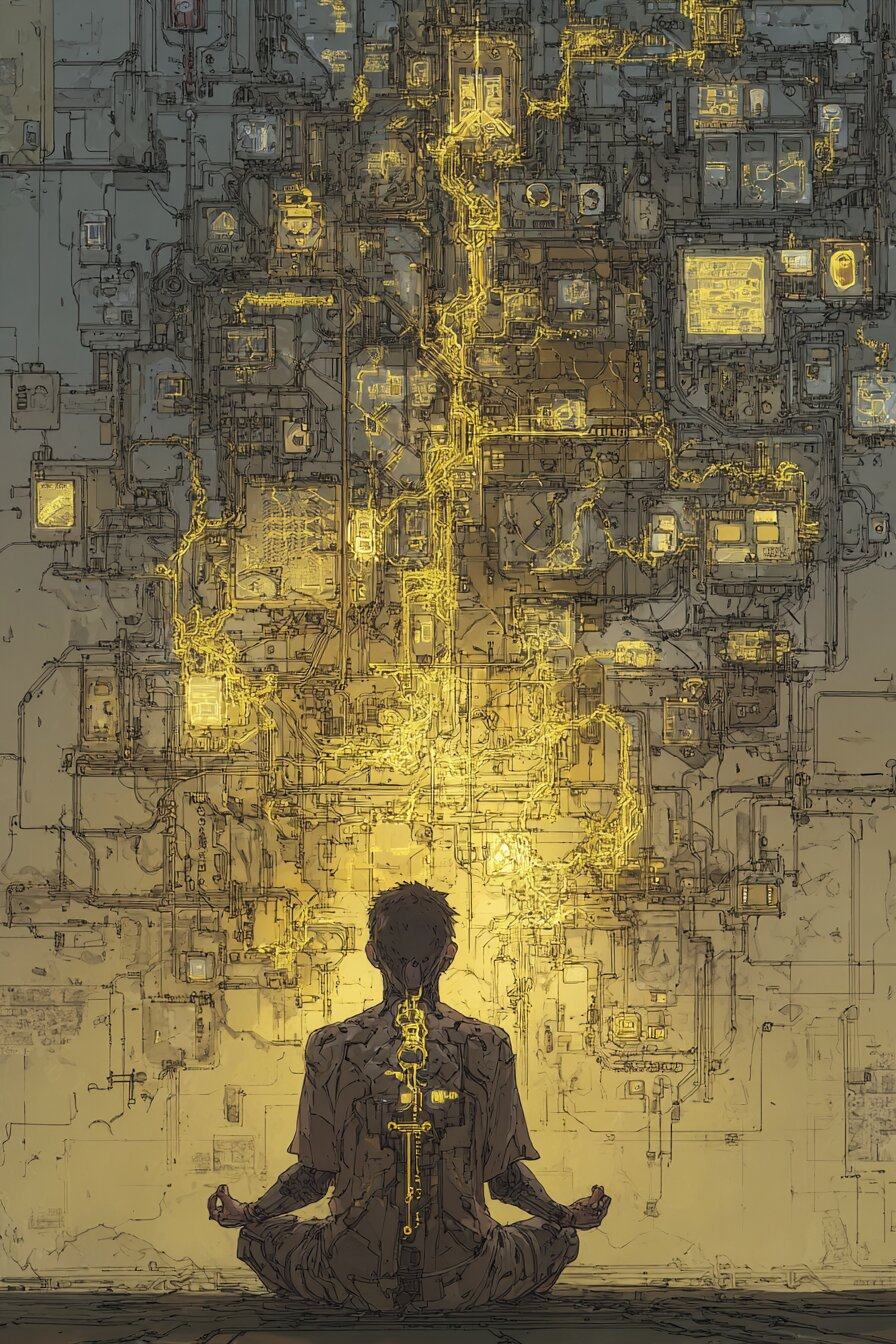A man sits in the lotus position while a stream of golden light rises from him into a wall of wiring and lit windows.