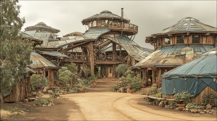 A cluster of round wooden houses with domed roofs and a blue yurt stands at the end of a dirt drive.