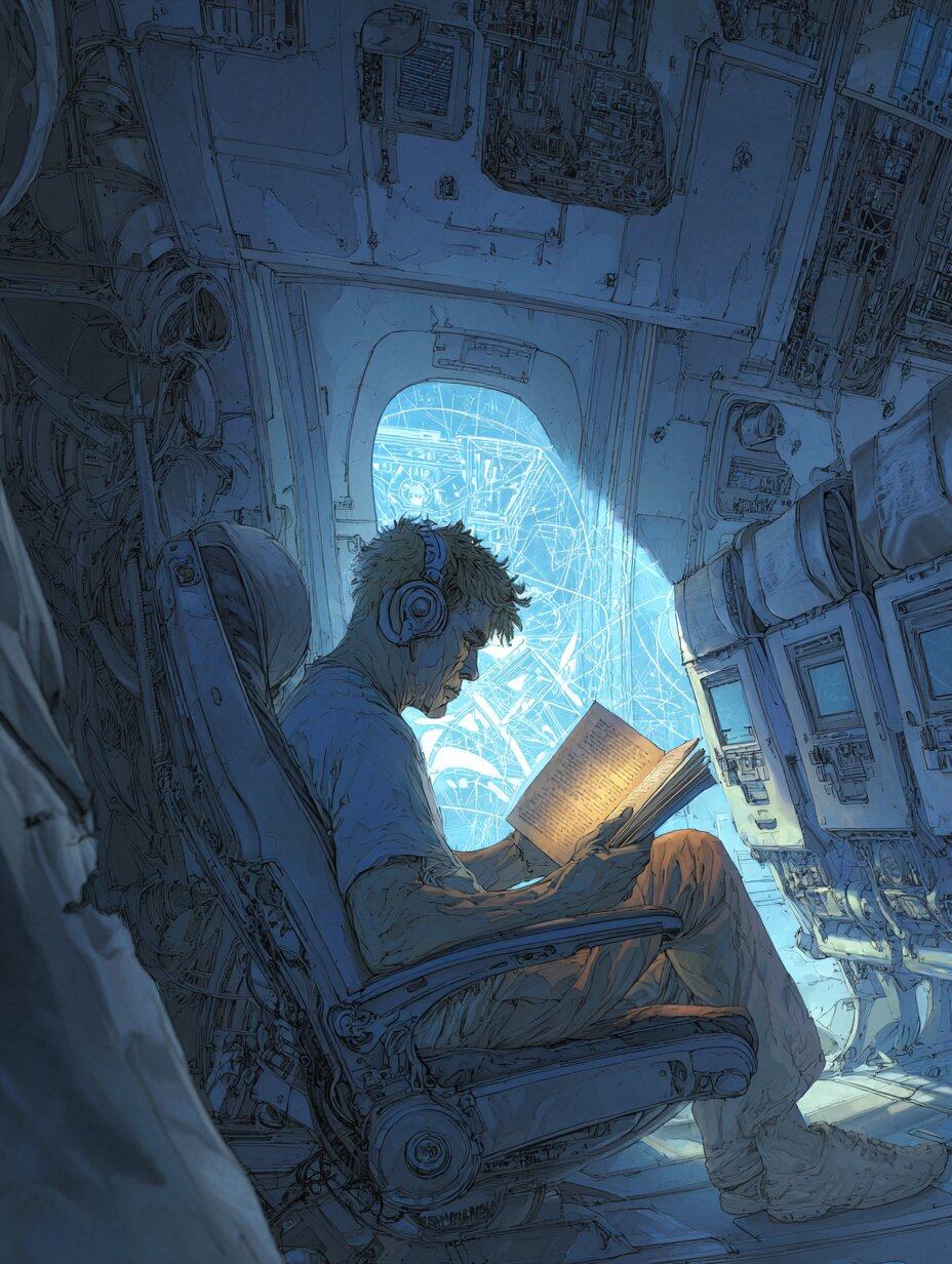 A young man with headphones reads a glowing book in a window seat of an airplane cabin, blue light coming through the window.