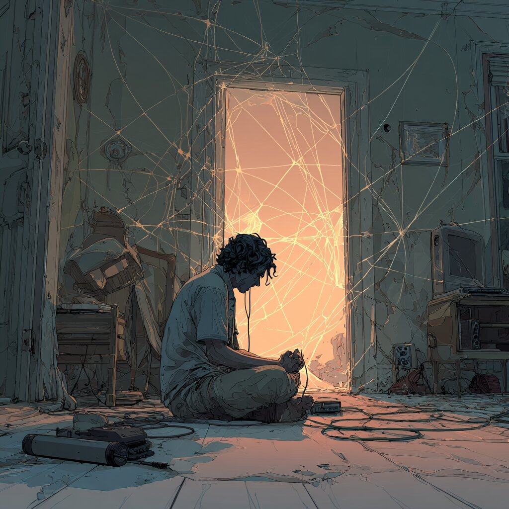 A young man sits cross legged on the floor of a bare room strung with fine glowing threads, facing a doorway filled with warm light.