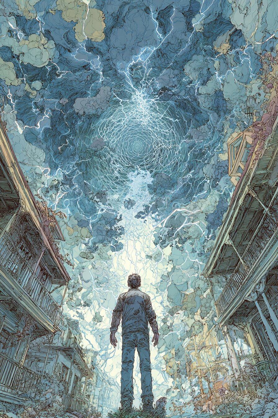 A young man stands between two buildings and looks up at a storm sky where lightning gathers into a bright knot.