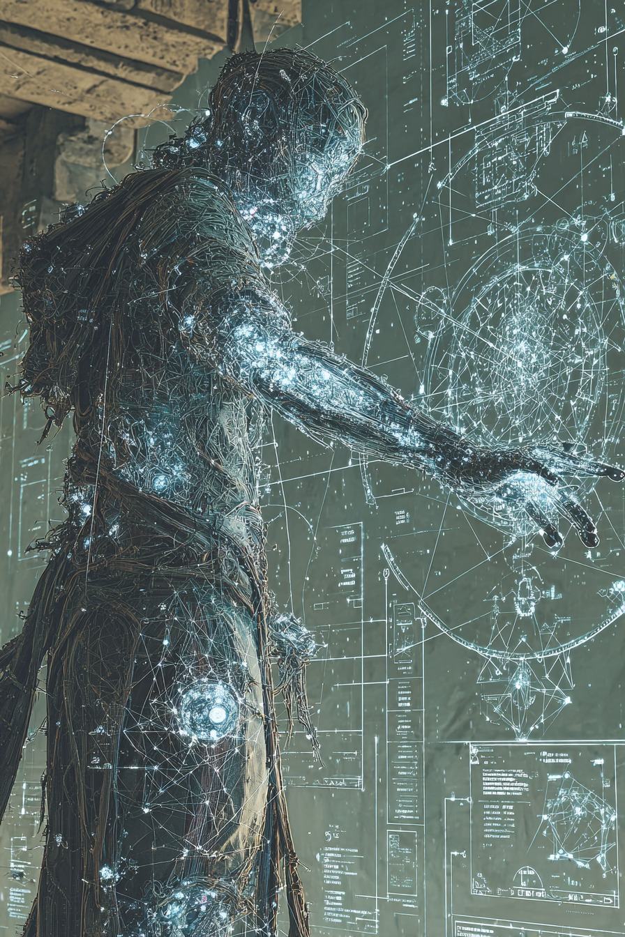 A figure woven from threads and points of blue white light reaches one hand out from a wall covered in fine geometric diagrams.