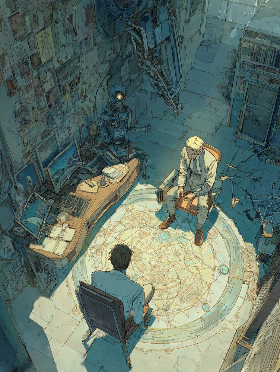 Seen from above, a young man and a pale haired older man sit facing each other on a round patterned rug in a book lined office.