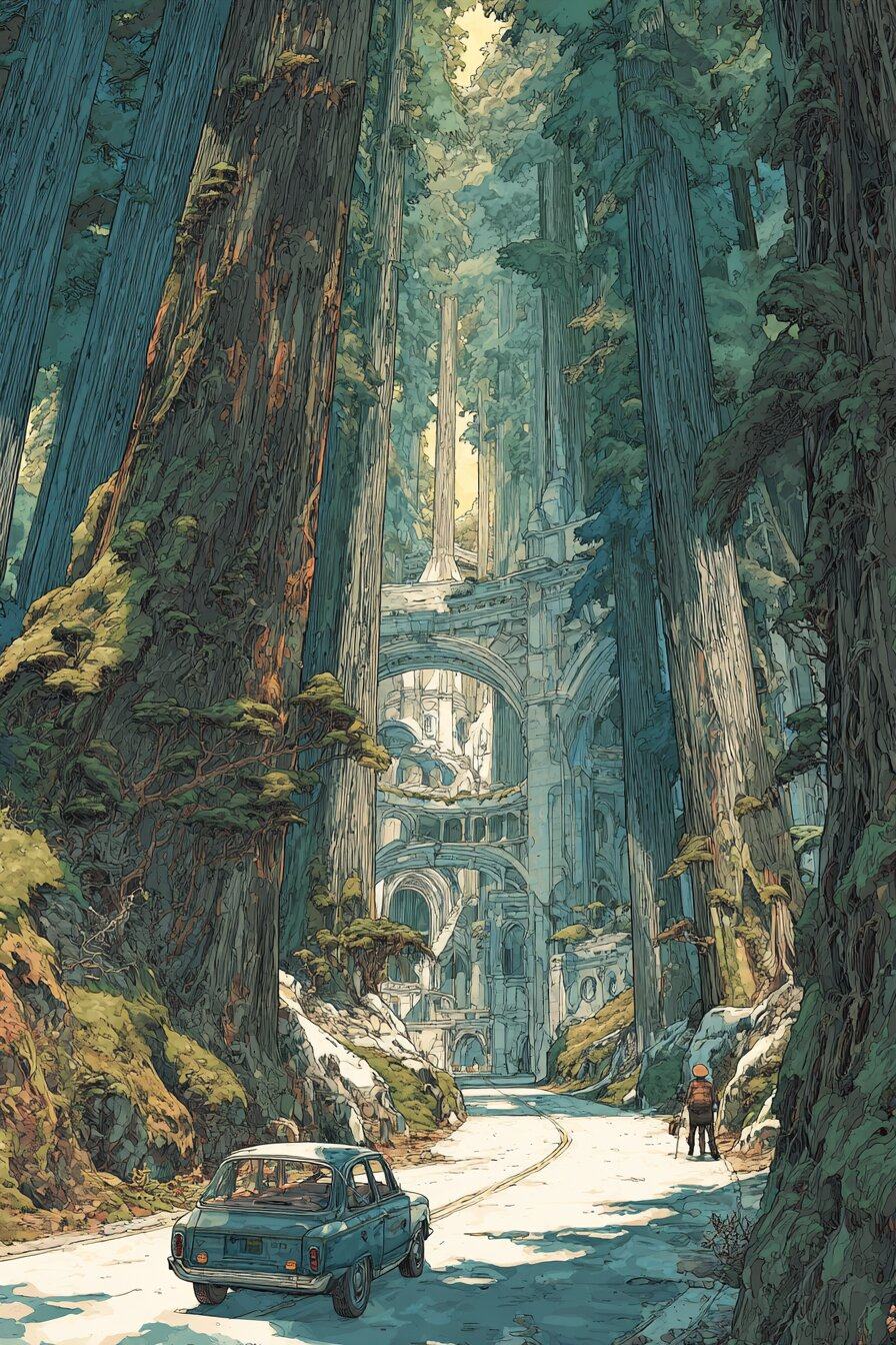 A small car follows a winding road between giant redwood trunks, light falling through the forest ahead.