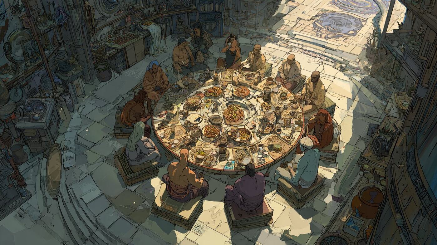 Seen from above, a dozen people share a meal around a large round table covered with dishes.