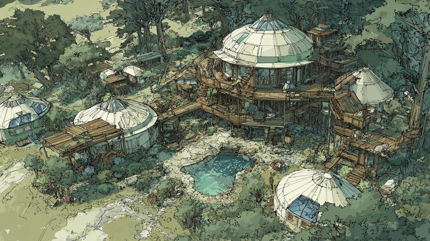 Seen from above, white yurts and a domed house on wooden decks sit among trees around a small blue pool.