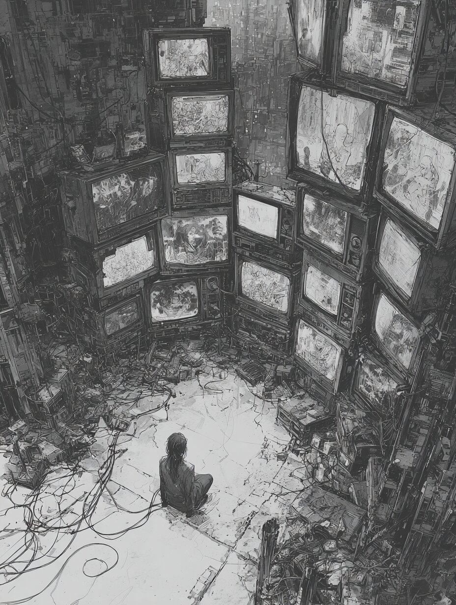 A lone figure sits on the floor of a wrecked room facing a wall of stacked television sets, cables spilling across the ground.
