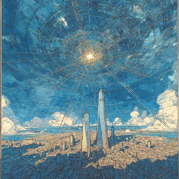 Two tall spires rise from a wide city under a blue sky covered by a web of fine lines spreading from a bright sun.