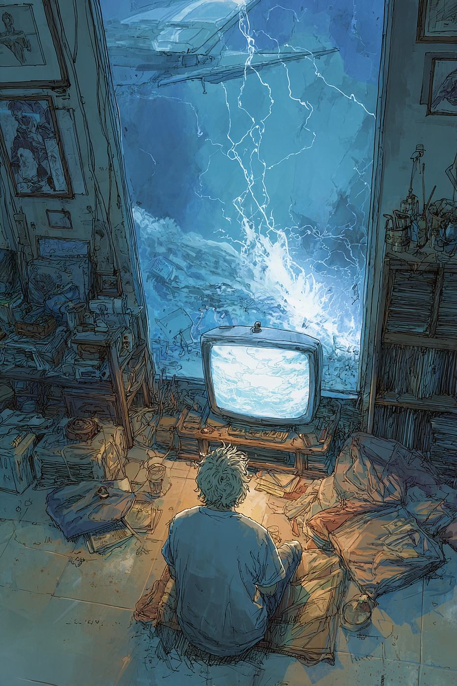 A young man sits on the floor of a basement room among his open bags, a small television before him pouring out white and blue light.