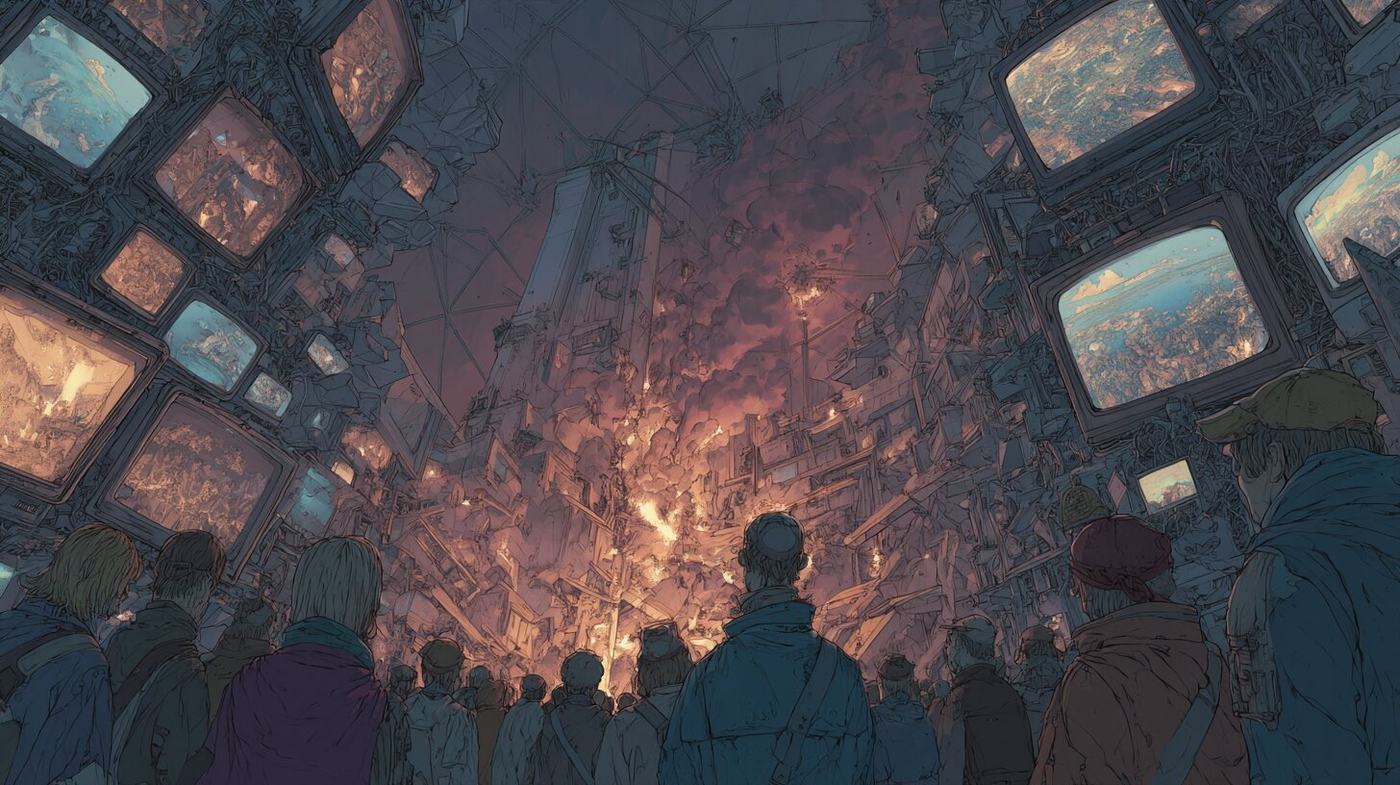 A crowd seen from behind looks up at walls of television screens surrounding a great burst of fire and falling debris.