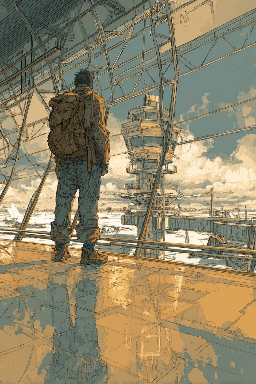 A traveller with a backpack stands at a wall of airport windows looking out at a control tower and clouds.